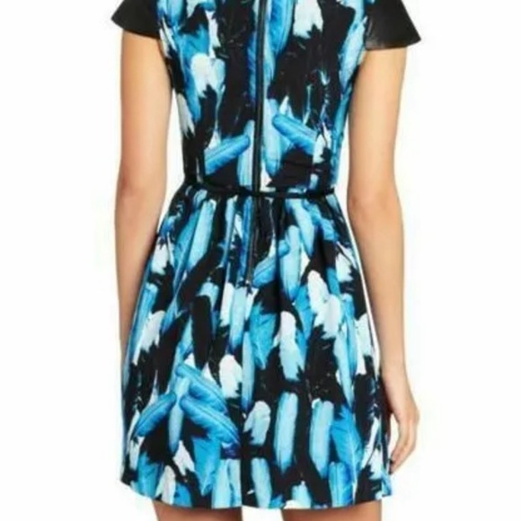 KENSIE Falling Leaves Dress Fall Blue Black Multi Feather Print Cap Sleeve 10 - Picture 4 of 12